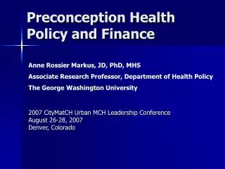 Preconception Health Policy and Finance