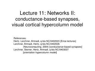 Lecture 11: Networks II: conductance-based synapses, visual cortical hypercolumn model
