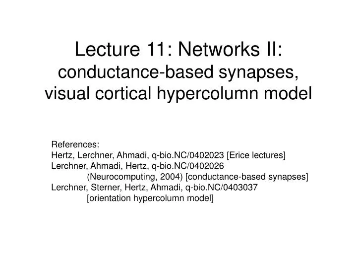 lecture 11 networks ii conductance based synapses visual cortical hypercolumn model