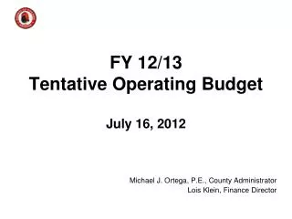 FY 12/13 Tentative Operating Budget July 16, 2012