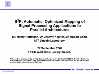 S 3 P: Automatic, Optimized Mapping of Signal Processing Applications to Parallel Architectures