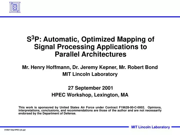 s 3 p automatic optimized mapping of signal processing applications to parallel architectures