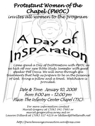 Protestant Women of the Chapel (PWOC) invites all women to the program