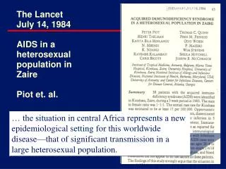 The Lancet July 14, 1984 AIDS in a heterosexual population in Zaire Piot et. al.
