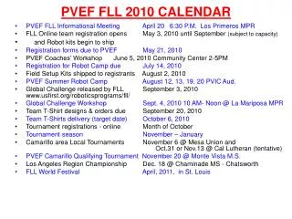 PVEF FLL 2010 CALENDAR