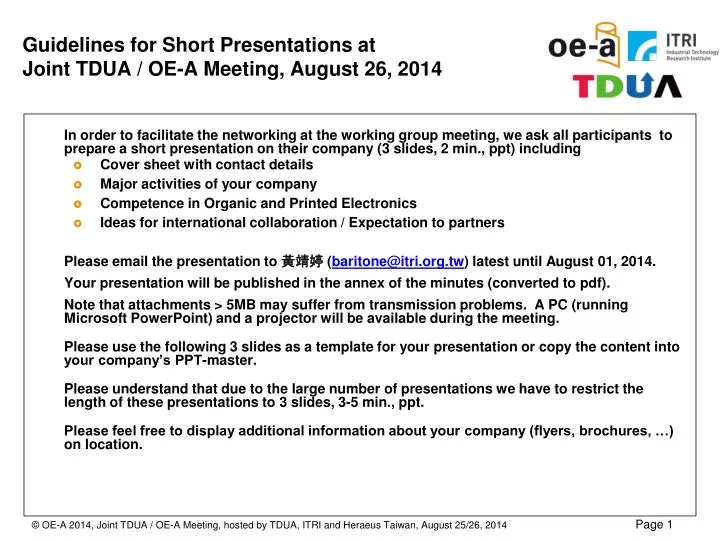 guidelines for short presentations at joint tdua oe a m eeting august 26 2014