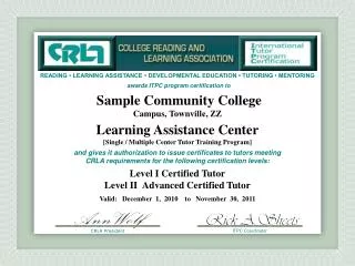 Sample Community College Campus, Townville , ZZ Learning Assistance Center