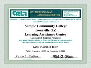 Sample Community College Townville, ZZ Learning Assistance Center [Centralized Training Program]