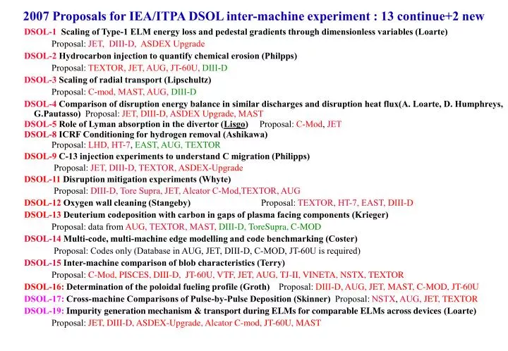 2007 proposals for iea itpa dsol inter machine experiment 13 continue 2 new