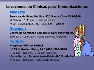 Locaciones de Clinicas para Immunizaciones