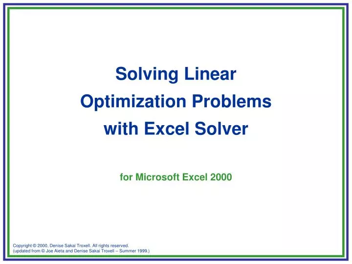 solving linear optimization problems with excel solver for microsoft excel 2000