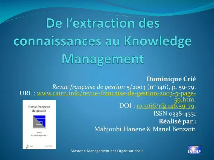 de l extraction des connaissances au knowledge management