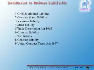 1 Civil &amp; criminal liabilites 2 Contract &amp; tort liability 3 Vicarious liability 4 Strict liability