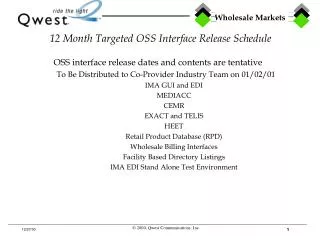 12 Month Targeted OSS Interface Release Schedule