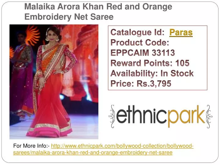 malaika arora khan red and orange embroidery net saree