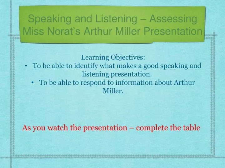 speaking and listening assessing miss norat s arthur miller presentation