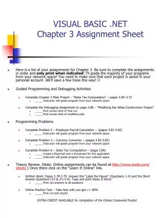 VISUAL BASIC .NET Chapter 3 Assignment Sheet