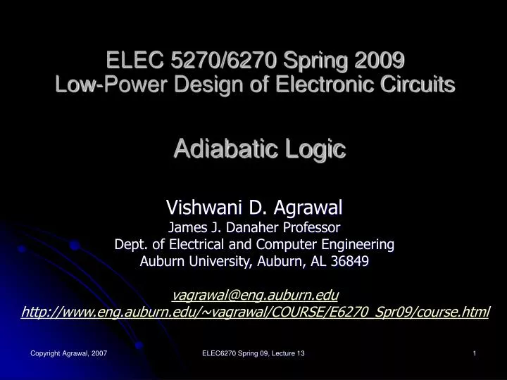 elec 5270 6270 spring 2009 low power design of electronic circuits adiabatic logic