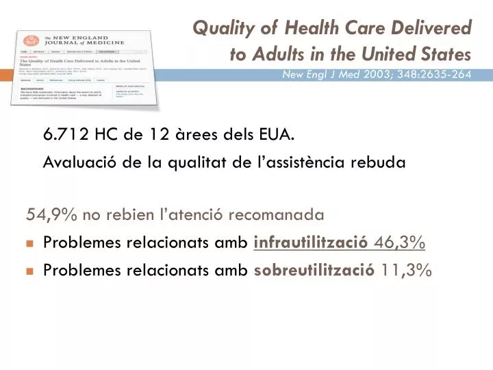 quality of health care delivered to adults in the united states new engl j med 2003 348 2635 264