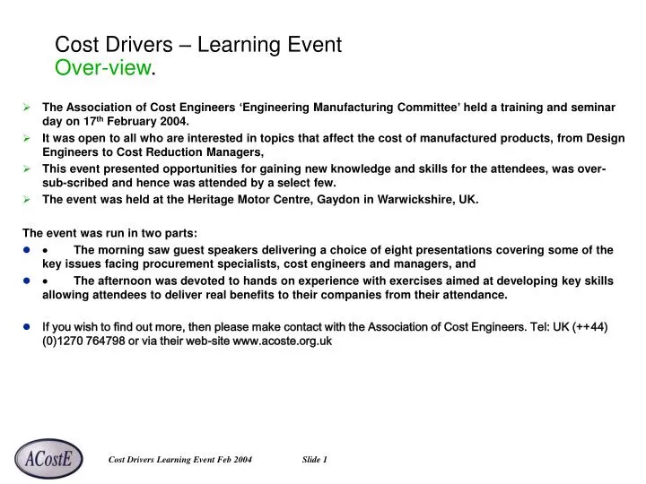 cost drivers learning event over view