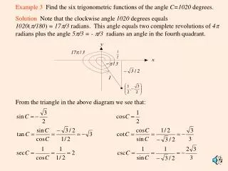 Example 3 Find the six trigonometric functions of the angle C=1020 degrees.