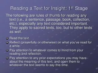 Reading a Text for Insight: 1 st Stage