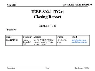 IEEE 802.11TGai Closing Report