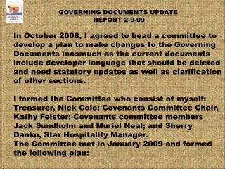 GOVERNING DOCUMENTS UPDATE REPORT 2-9-09