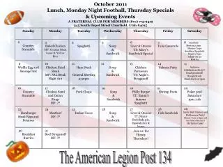 October 2011 Lunch, Monday Night Football, Thursday Specials &amp; Upcoming Events