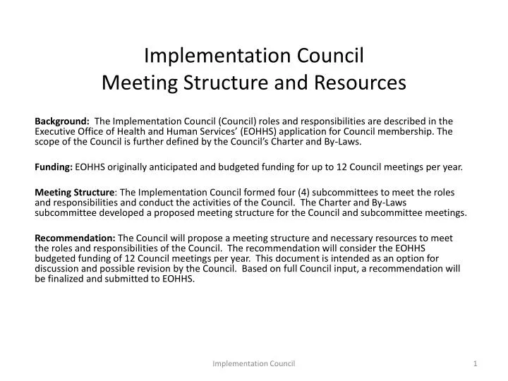 implementation council meeting structure and resources