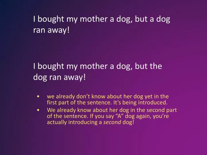 i bought my mother a dog but a dog ran away