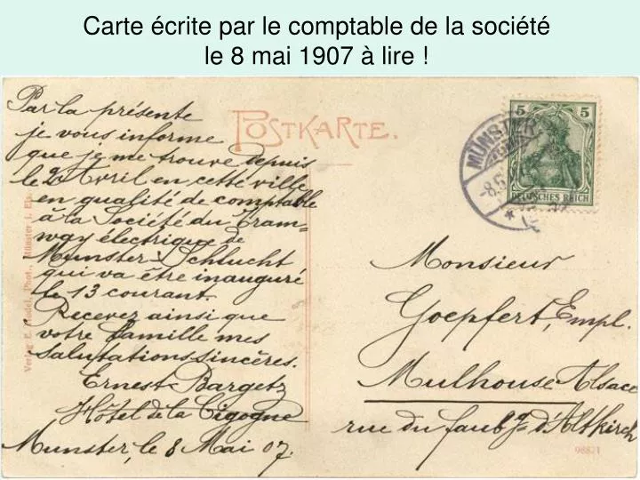 carte crite par le comptable de la soci t le 8 mai 1907 lire