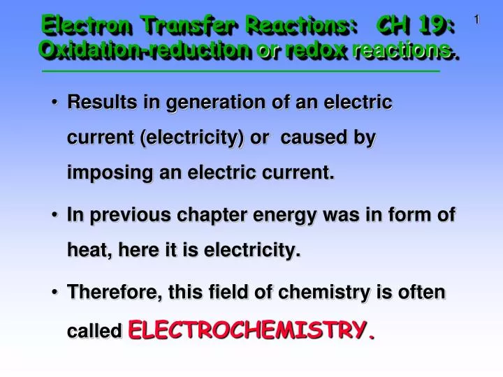 electron transfer reactions ch 19 oxidation reduction or redox reactions