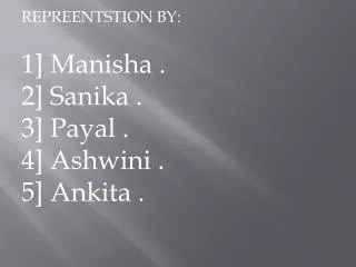 REPREENTSTION BY: 1] Manisha . 2] Sanika . 3] Payal . 4] Ashwini .