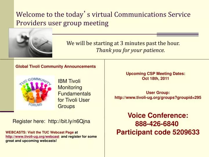 welcome to the today s virtual communications service providers user group meeting
