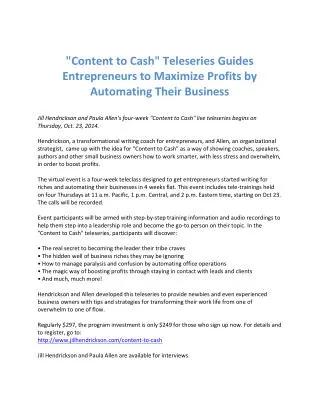 "Content to Cash" Teleseries Guides Entrepreneurs to Maximiz