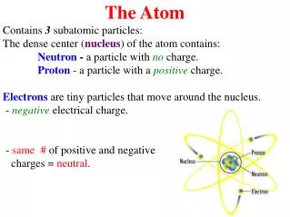 The Atom Contains 3 subatomic particles: The dense center ( nucleus ) of the atom contains: