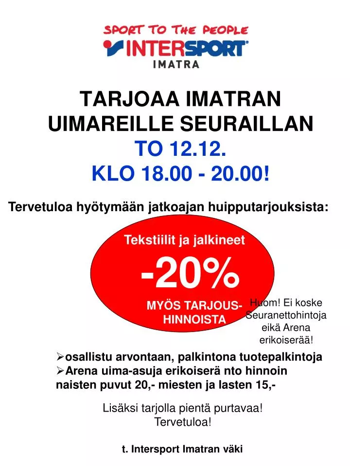 tarjoaa imatran uimareille seuraillan to 12 12 klo 18 00 20 00