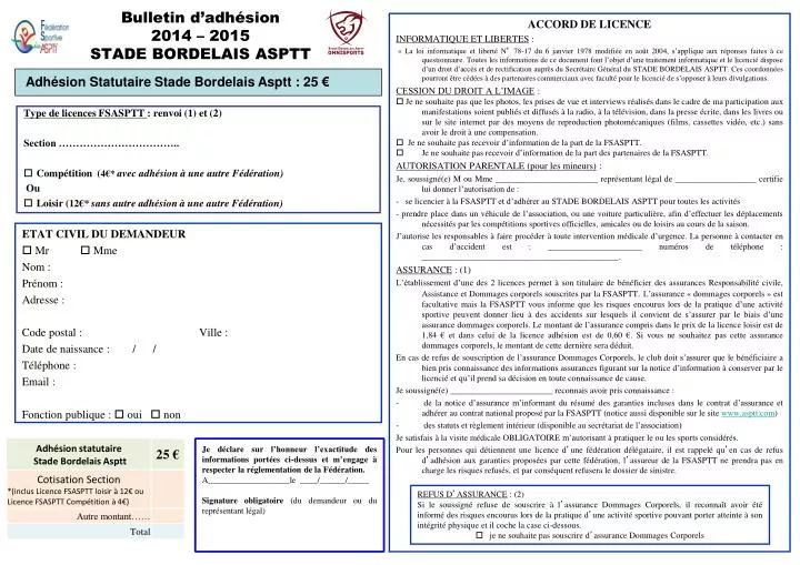 bulletin d adh sion 2014 2015 stade bordelais asptt