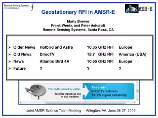 Geostationary RFI in AMSR-E Marty Brewer Frank Wentz, and Peter Ashcroft