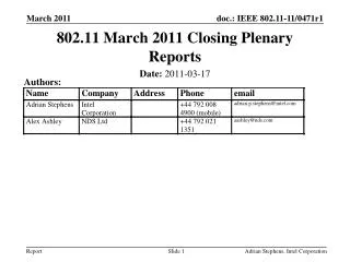 802.11 March 2011 Closing Plenary Reports