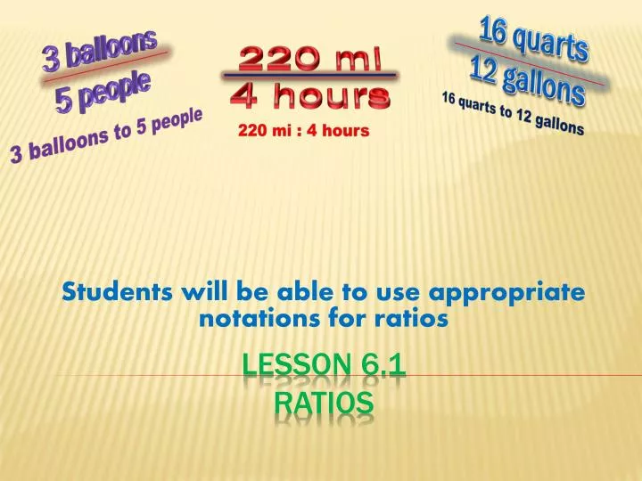 students will be able to use appropriate notations for ratios