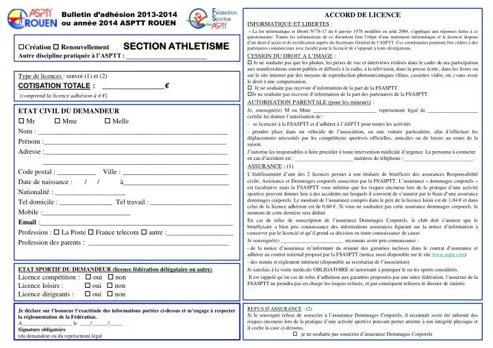 bulletin d adh sion 2013 2014 ou ann e 2014 asptt rouen