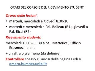 orari del corso e del ricevimento studenti