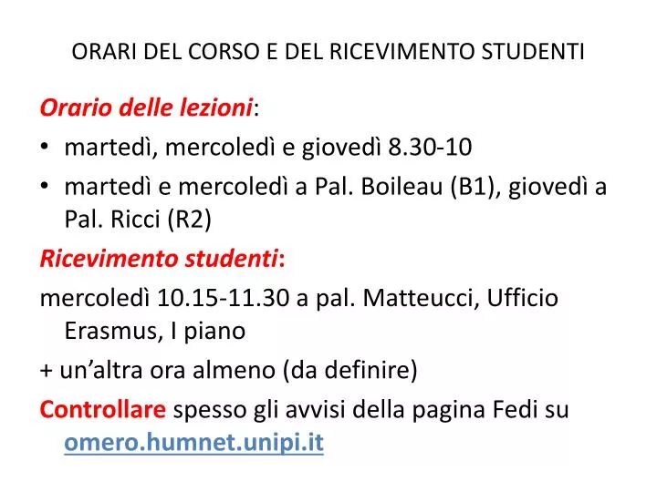 orari del corso e del ricevimento studenti