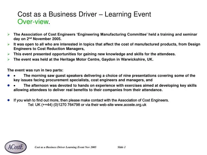 cost as a business driver learning event over view