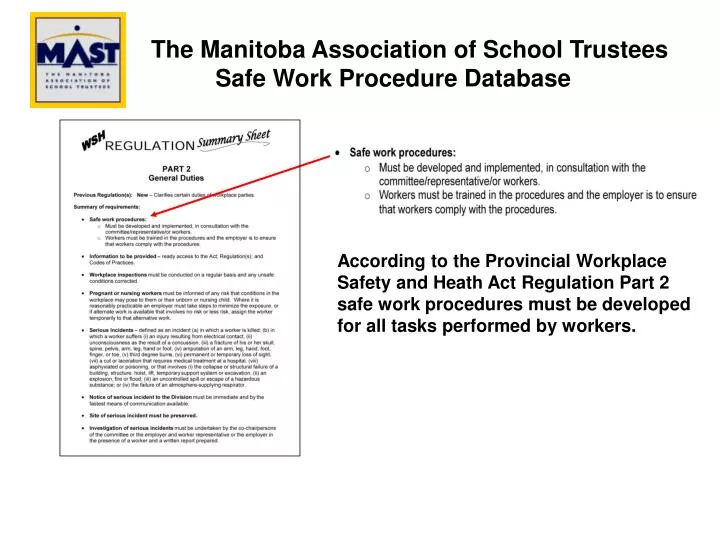 the manitoba association of school trustees safe work procedure database