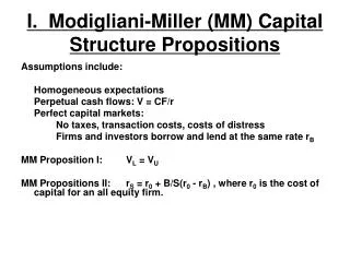 I. Modigliani-Miller (MM) Capital Structure Propositions