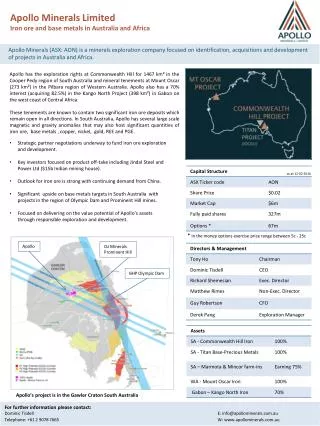 Apollo Minerals Limited Iron ore and base metals in Australia and Africa