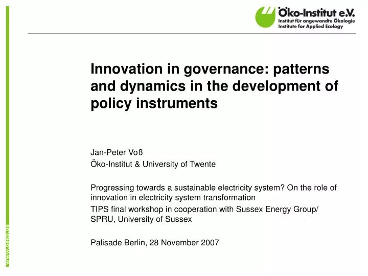 innovation in governance patterns and dynamics in the development of policy instruments